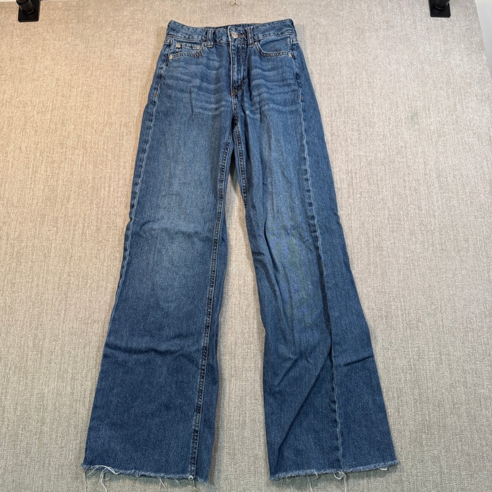 Aeropostale High Rise Wide Leg Jeans Medium Wash Blue Denim Raw Hem Size 000 Reg